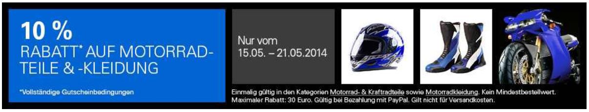 Motorrad & Kraftradteile sowie Motorradkleidung mit 10% PayPal Rabatt bei ebay Motorrad & Kraftradteile sowie Motorradkleidung mit 10% PayPal Rabatt bei ebay