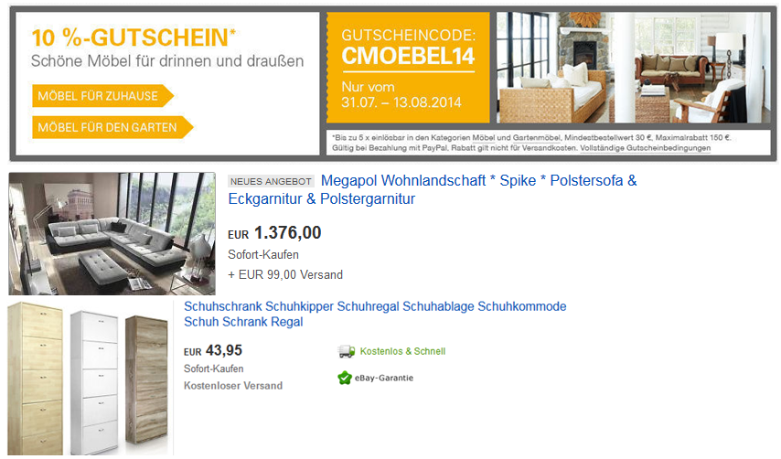 10% Rabatt auf Möbel für Wohnzimmer oder Garten @ebay - Update 10% Rabatt auf Möbel für Wohnzimmer oder Garten @ebay Update