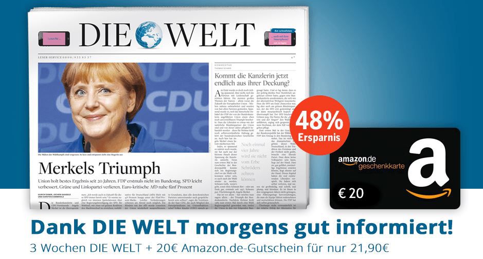 18 Ausgaben DIE WELT für effektiv 1,90€ dank 20€ Amazon Gutschein 18 Ausgaben DIE WELT für effektiv 1,90€ dank 20€ Amazon Gutschein