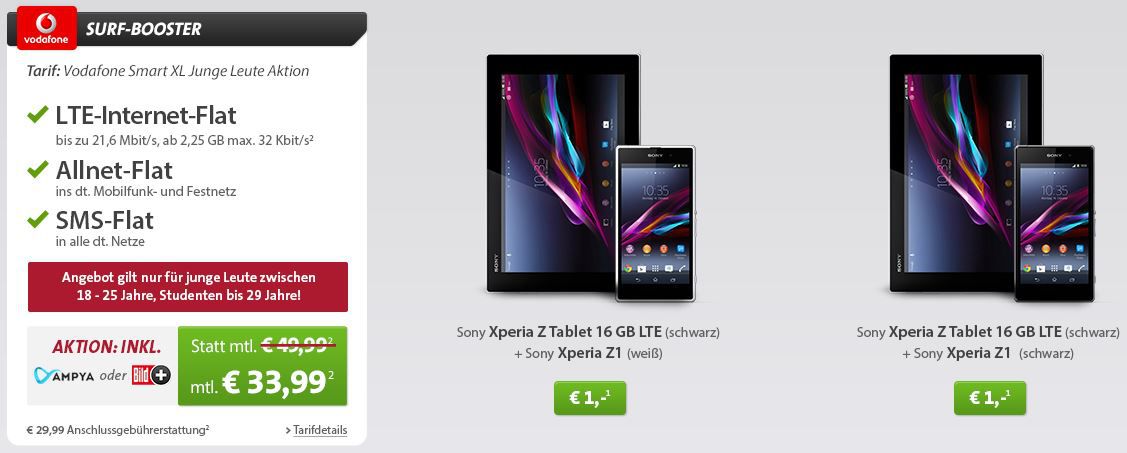 Vodafone Smart XL Junge Leute Aktion + Top Smartphone & Tablet z.B. Samsung Galaxy S5 16 GB + Galaxy Tab 3 7.0 WiFi für 34€/monatl. Vodafone Smart XL Junge Leute Aktion + Top Smartphone & Tablet z.B. Samsung Galaxy S5 16 GB + Galaxy Tab 3 7.0 WiFi für 34€/monatl.