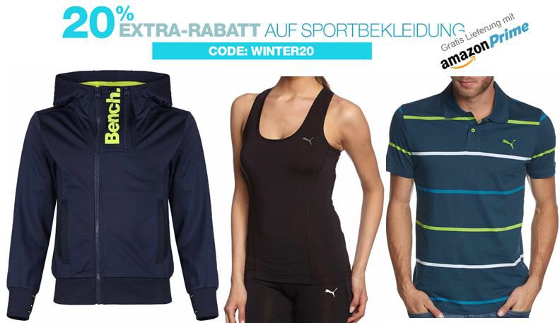 20% Extra Rabatt auf Sportbekleidung @Amazon z.B. für adidas, Bench, Burton, Columbia, Nike, Puma und VAUDE - Update! 20% Extra Rabatt auf Sportbekleidung @Amazon z.B. für adidas, Bench, Burton, Columbia, Nike, Puma und VAUDE Update!