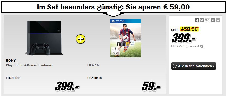 Media Markt Restposten Aktion: z.B. PS4 + FIFA 15 für 399€ Media Markt Restposten Aktion: z.B. PS4 + FIFA 15 für 399€