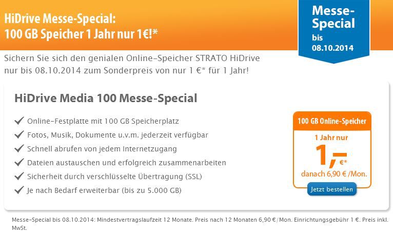 strato HiDrive - 100GB Cloudspeicher statt 60€ für nur 1€/Jahr - Update! strato HiDrive 100GB Cloudspeicher statt 60€ für nur 1€/Jahr Update!