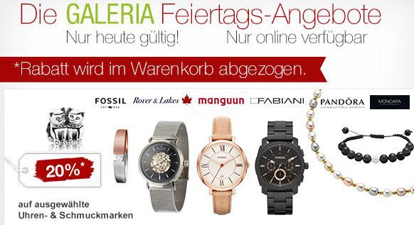 20% Rabatt auf auf tolle Uhren und Schmuckmarken wie Fossil und mehr bei den Galeria Kaufhof Feiertagsangeboten 20% Rabatt auf auf tolle Uhren und Schmuckmarken wie Fossil und mehr bei den Galeria Kaufhof Feiertagsangeboten