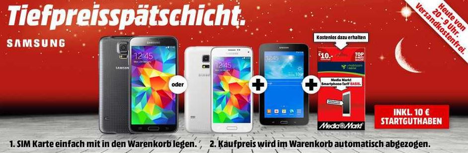 Samsung Galaxy S5 16GB LTE (schwarz) + Samsung Galaxy Tab 3 7.0 Lite für 444€ bei MediaMarkt Tiefpreisspätschicht Samsung Galaxy S5 16GB LTE (schwarz) + Samsung Galaxy Tab 3 7.0 Lite für 444€ bei MediaMarkt Tiefpreisspätschicht