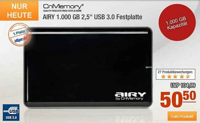 CnMemory AIRY - 1TB externe 2,5 USB 3.0 Festplatte für 50,50€ bei der 8% Plus.de Rabatt Aktion CnMemory AIRY 1TB externe 2,5 USB 3.0 Festplatte für 50,50€ bei der 8% Plus.de Rabatt Aktion
