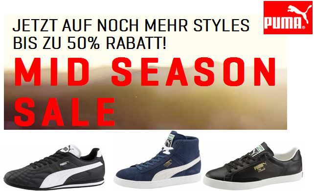 PUMA Mid-Season Sale mit bis zu 50% Rabatt auf ausgewählte Styles + 31% Halloween Gutschein PUMA Mid Season Sale mit bis zu 50% Rabatt auf ausgewählte Styles + 31% Halloween Gutschein