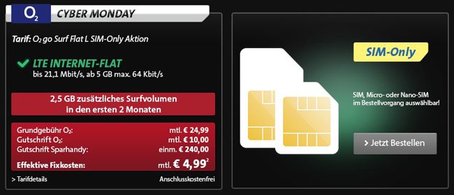o2 go Surf Flat L plus 24 - 5GB Datenflat für effektiv 4,99€ monatlich o2 go Surf Flat L plus 24 5GB Datenflat für effektiv 4,99€ monatlich