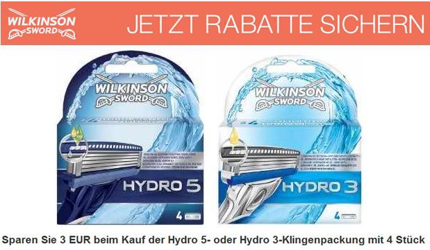 Hydro 5- oder Hydro 3-Klingenpackung (4 Stück) günstig je mit 3€ Rabatt Hydro 5 oder Hydro 3 Klingenpackung (4 Stück) günstig je mit 3€ Rabatt