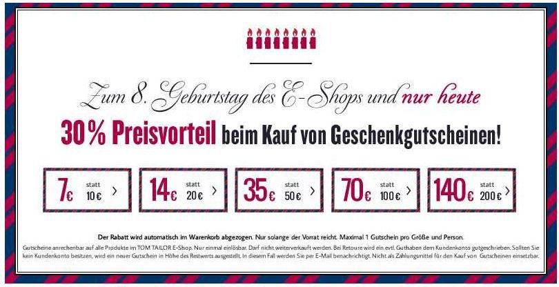 TomTailor - 30% Rabatt auf alle Geschenkgutscheine max. mit 114€ Ersparnis - Update! TomTailor 30% Rabatt auf alle Geschenkgutscheine max. mit 114€ Ersparnis Update!
