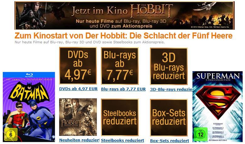 DVDs ab 4,97€ + Blu-rays ab 7,77€ nur heute bei der Amazon Hobbit Aktion - Update! DVDs ab 4,97€ + Blu rays ab 7,77€ nur heute bei der Amazon Hobbit Aktion Update!