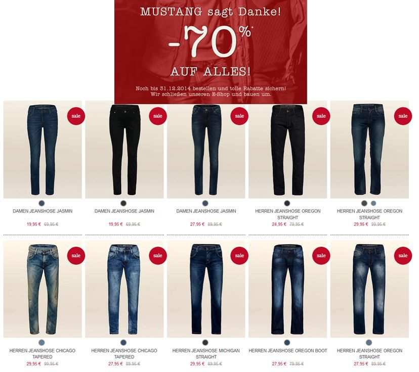 Hammer! Mustang - großer Ausverkauf mit bis zu 70% Rabatt. z.B. Jeans ab 19,95€! Hammer! Mustang großer Ausverkauf mit bis zu 70% Rabatt. z.B. Jeans ab 19,95€!