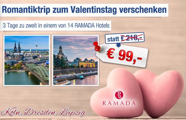 RAMADA Gutschein für ausgewählte Hotels 2 Personen inkl. 2 Übernachtungen und Frühstück nur 84€ Update! Ramada RAMADA Gutschein für ausgewählte Hotels 2 Personen inkl. 2 Übernachtungen und Frühstück nur 84€ Update!