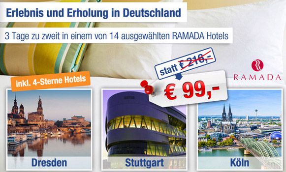 RAMADA Gutschein für ausgewählte Hotels 2 Personen inkl. 2 Übernachtungen und Frühstück nur 84€ Update! Ramada1 RAMADA Gutschein für ausgewählte Hotels 2 Personen inkl. 2 Übernachtungen und Frühstück nur 84€ Update!