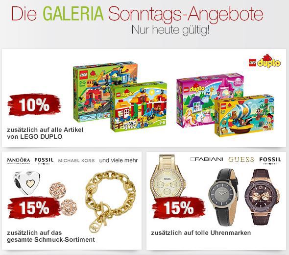 15% Rabatt auf Uhren, 10% auf LEGO und mehr Galeria Kaufhof Sonntagsangebote 15% Rabatt auf Uhren, 10% auf LEGO und mehr Galeria Kaufhof Sonntagsangebote