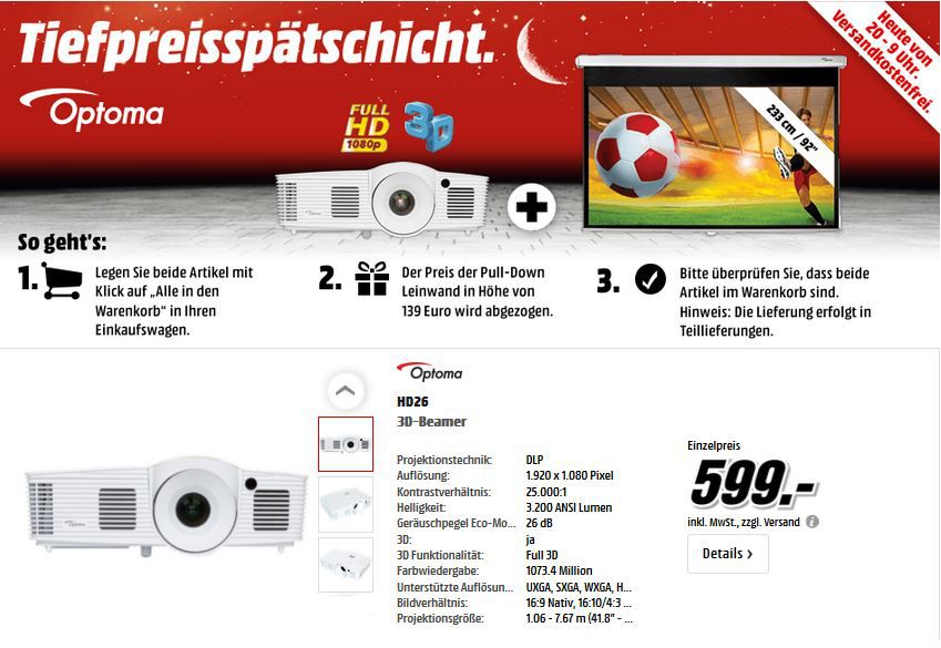 Optoma HD26 3D Beamer + Optoma Pull Down Leinwand für 599€ Optoma HD26 3D Beamer + Optoma Pull Down Leinwand für 599€