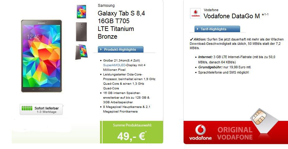 Samsung Galaxy Tab 8,4 LTE + Vodafone DataGo M mit 3GB LTE Datenflat für 17,87€ monatl. Samsung Galaxy Tab 8,4 LTE + Vodafone DataGo M mit 3GB LTE Datenflat für 17,87€ monatl.