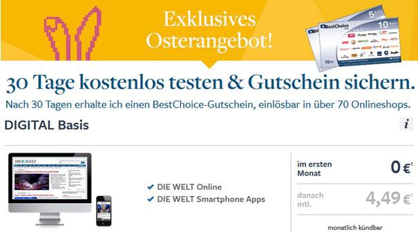 Die Welt Digital im Oster Special - dank Gutschein 8 Wochen mit 0,51€ Gewinn lesen Die Welt Digital im Oster Special dank Gutschein 8 Wochen mit 0,51€ Gewinn lesen