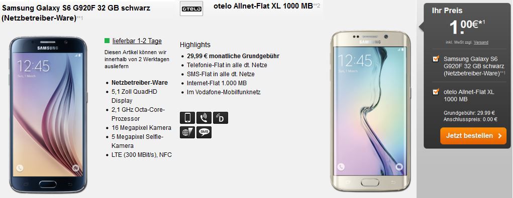Samsung Galaxy S6 oder S6 Edge + otelo Allnet-Flat XL mit 1GB Daten ab 29,99€ mtl. Samsung Galaxy S6 oder S6 Edge + otelo Allnet Flat XL mit 1GB Daten ab 29,99€ mtl.