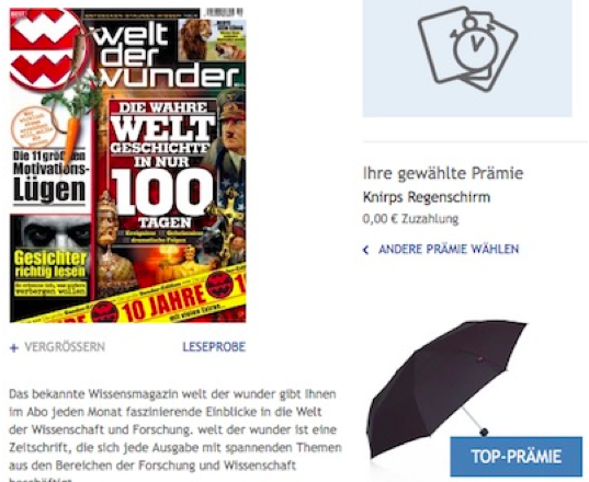 Welt der Wunder Probeabo mit 3 Ausgaben für 7,50€ + Knirps Regenschirm (Wert 30€) Welt der Wunder Probeabo mit 3 Ausgaben für 7,50€ + Knirps Regenschirm (Wert 30€)