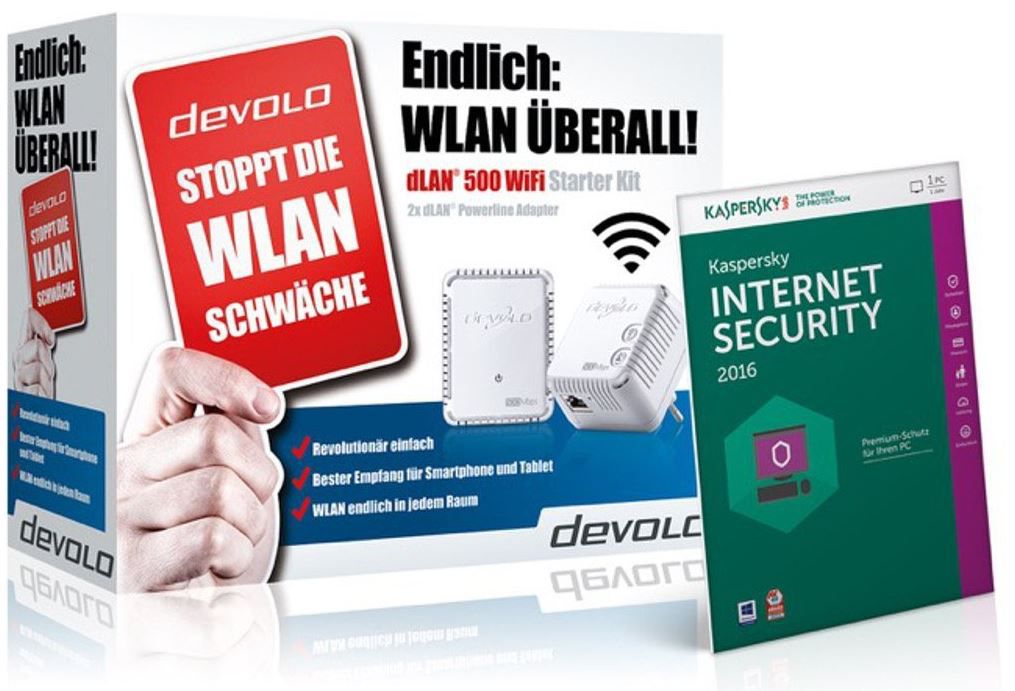 Devolo dLAN 500 - WiFi und Powerline Set + Kaspersky Internet Security 2016 für 79,70€ Devolo dLAN 500 WiFi und Powerline Set + Kaspersky Internet Security 2016 für 79,70€