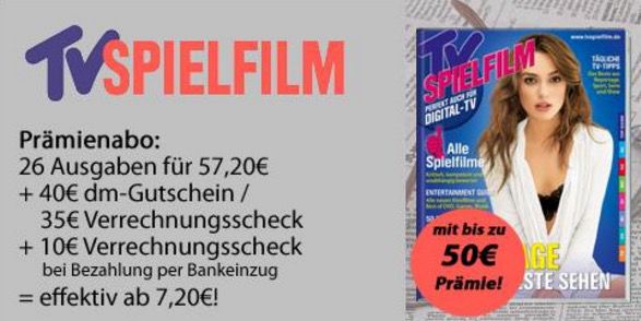 Jahresabo TV Spielfilm für effektiv 7,20€ dank dm-Gutschein Jahresabo TV Spielfilm für effektiv 7,20€ dank dm Gutschein