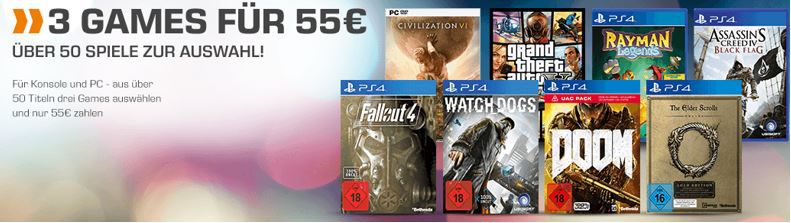 3 Games für 55€   z.B. (alle PS4) Watch Dogs + Fallout 4 + Doom (statt 68€)