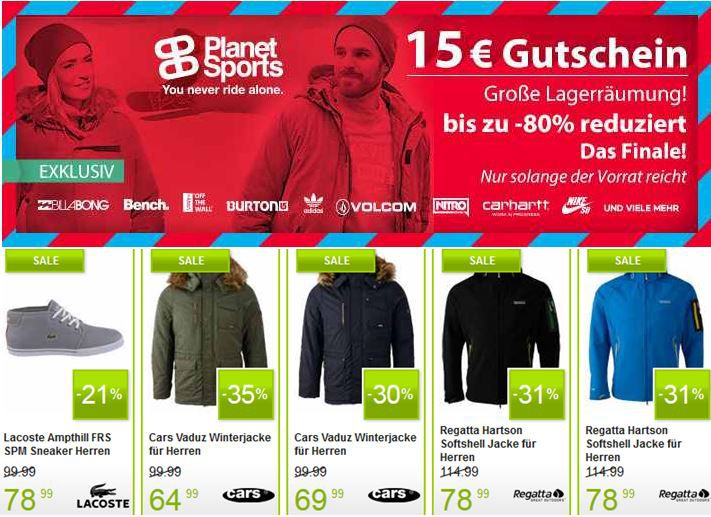 Planet Sports - Lager Räumungs Sale mit fetten Rabatten bis zu 80% + 15€ Gutscheincode mit 100€ MBW Planet Sports Lager Räumungs Sale mit fetten Rabatten bis zu 80% + 15€ Gutscheincode mit 100€ MBW