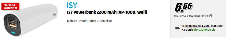 ISY IAP-1000 - Powerbank mit 2200 mAh für 6,66€ inkl. Versand ISY IAP 1000 Powerbank mit 2200 mAh für 6,66€ inkl. Versand