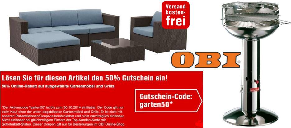 OBI Sale mit 50% Rabatt auf ausgewählte Grills und Gartenmöbel - Top! OBI Sale mit 50% Rabatt auf ausgewählte Grills und Gartenmöbel Top!