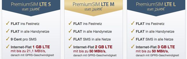 Flexible LTE Tarife bei PremiumSIM   z.B. Allnet Flat + 1GB LTE für 13,49€