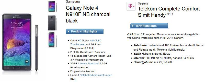 Samsung Galaxy Note 4 + Telekom Complete Comfort S für effektiv 25,83€ monatl. Samsung Galaxy Note 4 + Telekom Complete Comfort S für effektiv 25,83€ monatl.