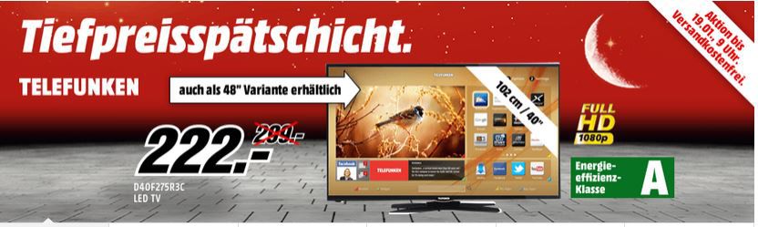 TELEFUNKEN D40F275R3C 40Zoll Smart TV für 222 oder mit 48 Zoll 333€ inkl. Versand! TELEFUNKEN D40F275R3C 40Zoll Smart TV für 222 oder mit 48 Zoll 333€ inkl. Versand!
