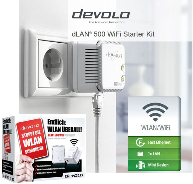 Devolo dLAN 500   WiFi & Powerline Starter Kit mit 500 Mbit/s für 59,90€ (statt 70€)