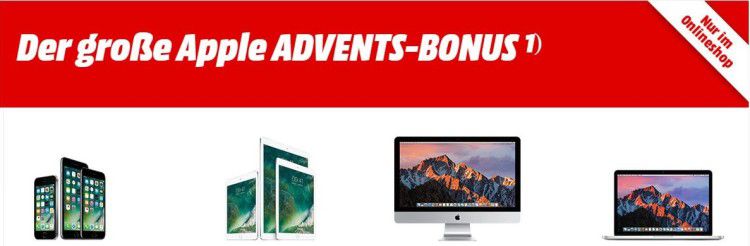 Apple Advents-Bonus bei Media Markt - Bis zu 150€ Geschenkkarte auf viele Apple Produkte Apple Advents Bonus bei Media Markt Bis zu 150€ Geschenkkarte auf viele Apple Produkte