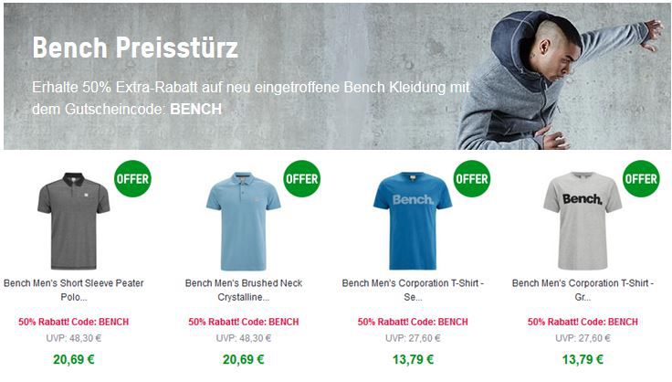 BENCH mit 50% Rabatt auf ausgewählte Kleidung @Zavvi BENCH mit 50% Rabatt auf ausgewählte Kleidung @Zavvi