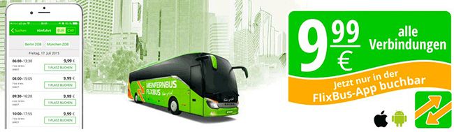 100.000 FlixBus Tickets für je 9,99€ - alle Verbindungen, nur via App buchbar 100.000 FlixBus Tickets für je 9,99€ alle Verbindungen, nur via App buchbar