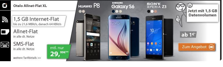 Samsung Galaxy S6 32GB + Otelo Allnet-Flat XL Aktion + SMS Flat + 1,5GB Daten für 32,87€ mtl. und mehr coole Smartphones - Update Samsung Galaxy S6 32GB + Otelo Allnet Flat XL Aktion + SMS Flat + 1,5GB Daten für 32,87€ mtl. und mehr coole Smartphones Update