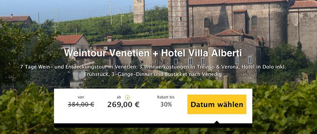 7 Tage Venetien (Italien) mit Weintour im 3 Sterne Hotel mit Frühstück ab 269€ p.P. 7 Tage Venetien (Italien) mit Weintour im 3 Sterne Hotel mit Frühstück ab 269€ p.P.
