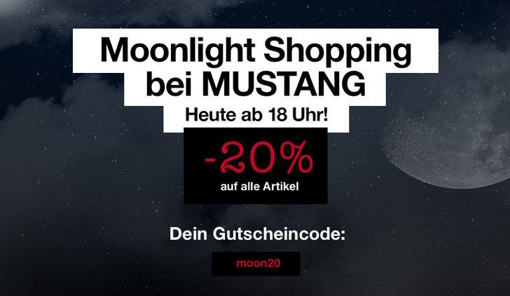 MUSTANG Moonlight Shopping mit 20% Rabatt auf (fast) alles auch Sale Ware! MUSTANG Moonlight Shopping mit 20% Rabatt auf (fast) alles auch Sale Ware!