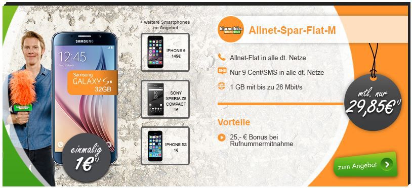Samsung Galaxy S6 32GB + Telekom Allnet Spar Flat M + 1 GB Daten für 30,72€ mtl. Samsung Galaxy S6 32GB + Telekom Allnet Spar Flat M + 1 GB Daten für 30,72€ mtl.