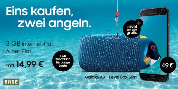 Samsung Galaxy A3 (2017) + NEW Samsung Level Box + BASE Allnet Flat + 3GB Daten für 17,03€ mtl.