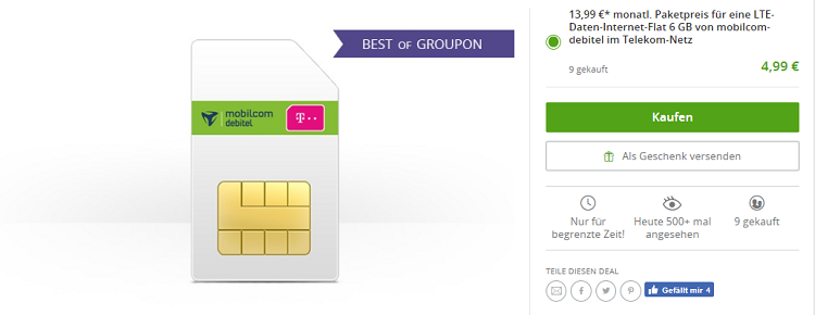 Telekom LTE Internet Flat mit 6GB für 13,99€ mtl. + einmalig 4,99€