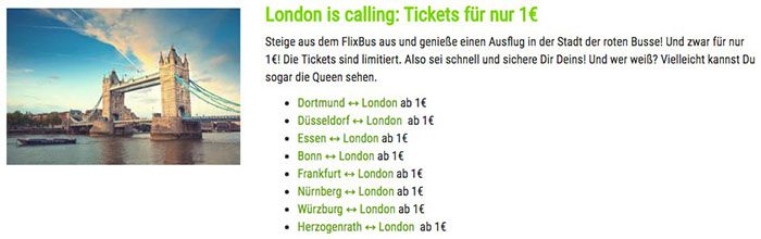 Flixbus Fahrten nach London und zurück ab je 1€ Flixbus Fahrten nach London und zurück ab je 1€
