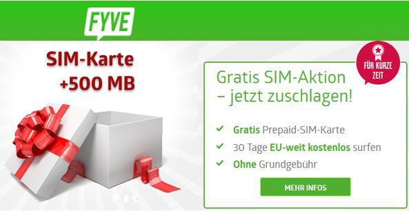 FYVE Freikarte + gratis 500MB im 1. Monat EU weit    HOT (nur einmalig 2,50€)