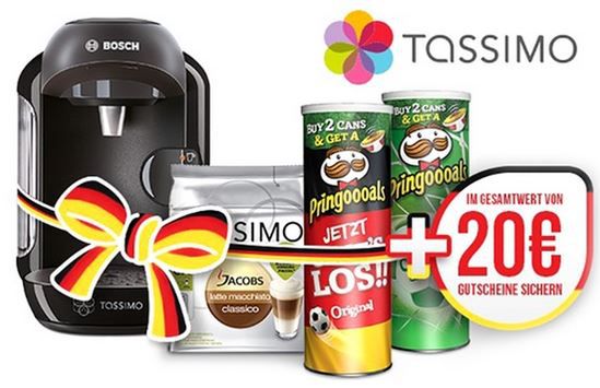 TASSIMO ViVY Maschine + T Discs Jacobs Latte + 2x Pringles + 20€ Gutschein für 49,99€ TASSIMO ViVY Maschine + T Discs Jacobs Latte + 2x Pringles + 20€ Gutschein für 49,99€