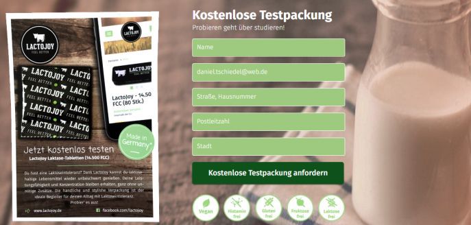 Testpackung LactoJoy gratis anfordern   hilft bei Laktoseintoleranz