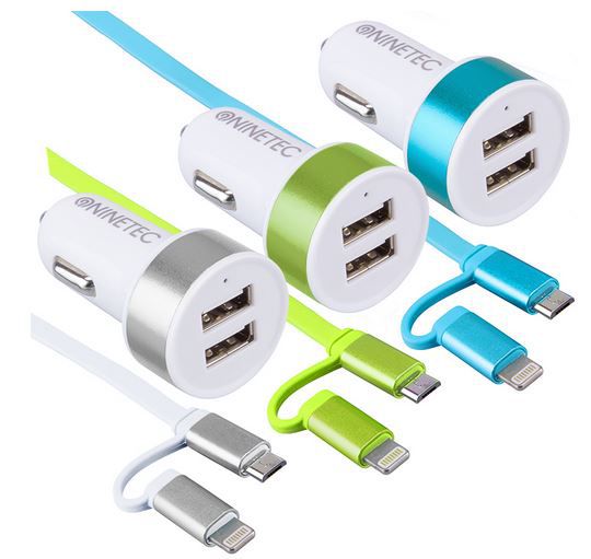 2x NINETEC   3.1A Dual KFZ Ladegerät mit 2in1 Lightning & Micro USB Ladekabel für 7,99€