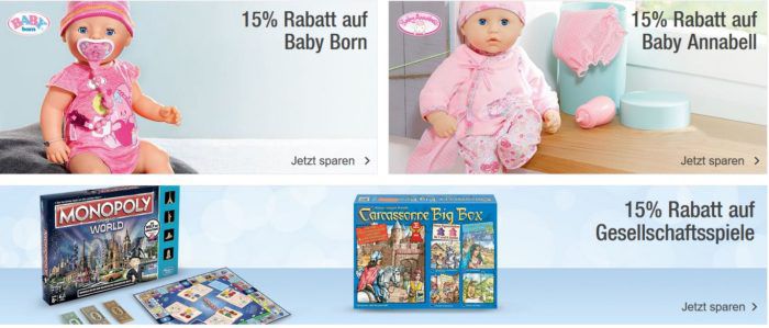 Galeria Kaufhof: 15% Rabatt auf Baby Born, Baby Annabell und Gesellschaftsspiele   günstiges Monopoly & Co. bis Mitternacht