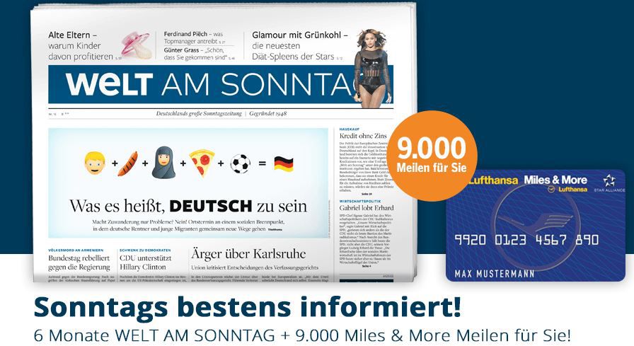 Welt am Sonntag   6 Monate + 9.000 Miles & More Meilen für nur 109,20€